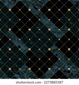 Geometrical seamless pattern with gold lines and marble background. Vector