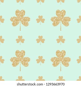 Geometrical seamless pattern with golden shamrocks on light green. Saint Patrick's Day background. Vector.