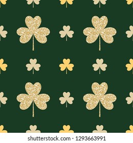 Geometrical seamless pattern with golden shamrocks on green. Saint Patrick's Day background. Vector.