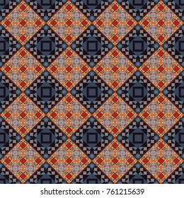 Geometrical seamless pattern with gray, pink and black tiles. Vector illustration.