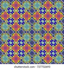 Geometrical seamless pattern with green, blue and purple tiles. Vector illustration.