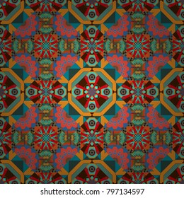 Geometrical seamless pattern with green, blue and pink tiles. Vector illustration.