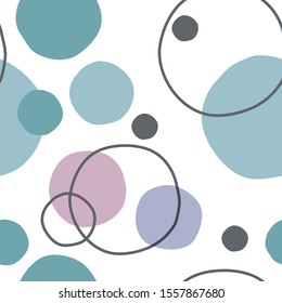 Geometrical seamless pattern with hand drawn uneven circles and dots. Abstract blue, green and pink pastel colors on white background. Vintage retro style. Vector eps10.