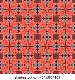 Geometrical seamless pattern with hearts. Vector illustration red, brown, grey colours. Decorative flower ornament. Colorful bright design for home decor, clothes. 