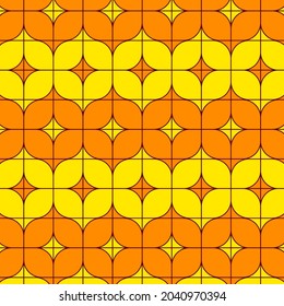 Patrón geométrico de hojas, pétalos y flores en forma de baldosas. Resumen de fondo vectorial amarillo, naranja y rojo. Diseño para banner, afiche, tarjeta, portada, invitación a la fiesta, fondo de pantalla