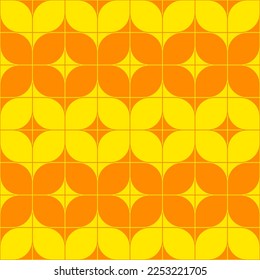 Patrón geométrico de hojas, pétalos y flores en forma de baldosas. Resumen de fondo vectorial amarillo, naranja y rojo. Diseño para banner, afiche, tarjeta, portada, invitación a la fiesta, fondo de pantalla