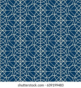 Geometrical seamless pattern in linear design composed of intricate ornament from different figures flat vector illustration 