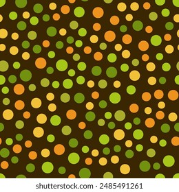 Geometrical seamless pattern. Many small orange green circles on dark brown background. Abstract background with different rings. Decorative autumn design element. Minimalist print for design projects