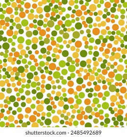 Geometrical seamless pattern. Many small orange green circles on white background. Abstract background with different rings. Decorative autumn design element. Minimalist print for design projects