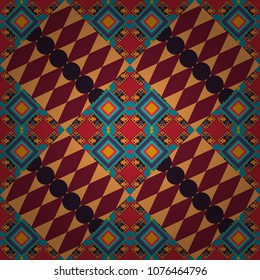 Geometrical seamless pattern with orange, brown and red tiles. Vector illustration.