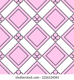 Geometrical seamless pattern of pink squares and bubbles 