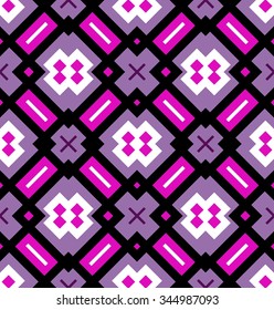 Geometrical seamless pattern in pink, violet, black and white color