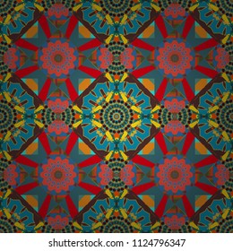 Geometrical seamless pattern with pink, yellow blue an red tiles. Vector illustration.
