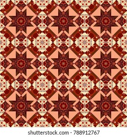 Geometrical seamless pattern with red, brown and beige tiles. Vector illustration.