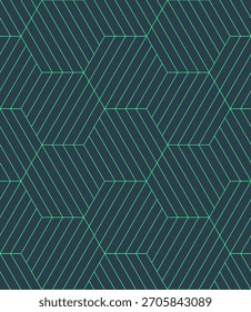Patrón geométrico sin fisuras con estética de ciencia ficción. Fondo abstracto de Vector en tonos verde menta, cuadrícula techno basada en hexágono, Elementos lineales delgados, mod diseño mínimo, textura cibernética para uso digital