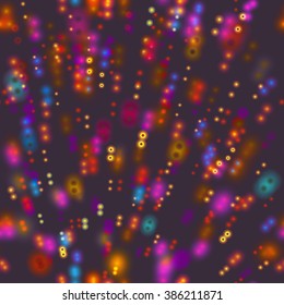 Geometrical Seamless pattern with sparks, spots, circles. Colorful Vector illustration. Blur background, explosion.