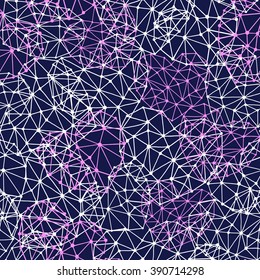 Geometrical seamless pattern. Triangles hearts shapes and lines on dark background. Vector illustration.