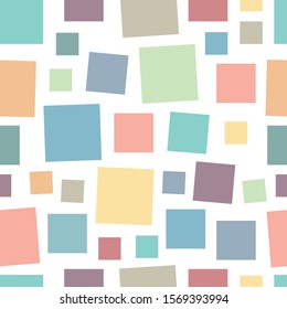 Geometrical seamless pattern with various multicolored square shapes in pastel colors. Colorful vintage mosaic, white background. Vector eps10 illustration for fabric, wallpaper, wrapping paper or