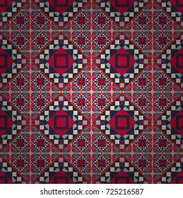 Geometrical seamless pattern with violet, beige and red tiles. Vector illustration.