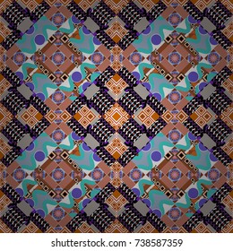 Geometrical seamless pattern with white, blue and black tiles. Vector illustration.