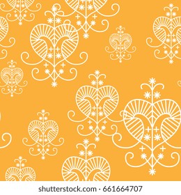 Geometrical seamless pattern with white voodoo symbol of the goddess on a yellow background