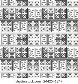 Geometrische nahtlose Muster von Holztüren. Schwarz weiße Umriss-Textur von Holzhäusern auf weißem Hintergrund