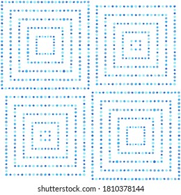Geometrical seamless repeat vector pattern, dot squares, frames of various size. Radial geometric ornamentation made of blue hand drawn dots, spots, tiny beads. Retro, vintage mosaic decoration.