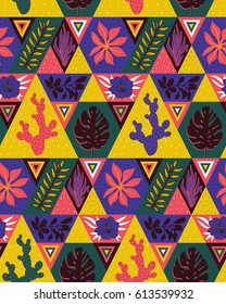 Geometrical  seamless tropical jungle floral pattern background with palm leaves. Vector illustration.