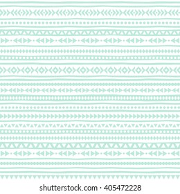 Geometrical seamless vector pattern. Striped boho texture. Ethnic or tribal background with tiny triangles, uneven stripes and dots. Mint green and white.