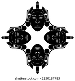 Geometrical shape with four Indian masks. Head of Aztec god Xōchipilli from Mexico. Native American art. Black and white silhouette. 