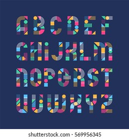 Geometrical shapes', lines and color blocks' latin font, pop art graphical decorative type