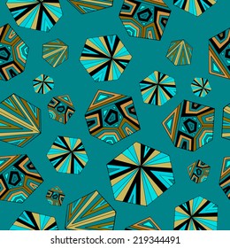 Geometrical shapes on blue background.Vector seamless pattern.Futuristic background.Magic glowing texture.Use for wallpaper,pattern fills, web page,background,fabric,interior design.