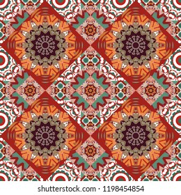 Geometrical simple vector art. Creative, luxury style. Random geometric shapes seamless pattern in beige, green and red colors. Print card, cloth, shirts, dress, wrapper, cover.