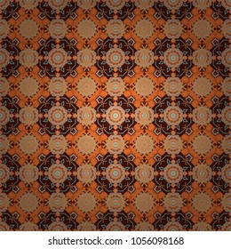Geometrical simple vector art. Print card, cloth, shirts, dress, wrapper, cover. Creative, luxury style. Random geometric shapes seamless pattern in orange, magenta and brown colors.