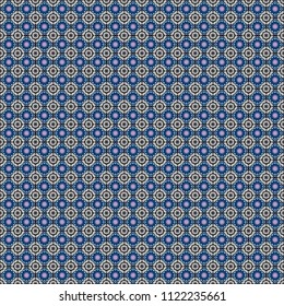 Geometrical simple vector art. Print card, cloth, shirts, dress, wrapper, cover. Random geometric shapes seamless pattern in blue, brown and gray colors. Creative, luxury style.