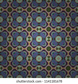 Geometrical simple vector art. Print card, cloth, shirts, dress, wrapper, cover. Random geometric shapes seamless pattern in blue, green and brown colors. Creative, luxury style.