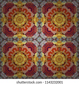 Geometrical simple vector art. Print card, cloth, shirts, dress, wrapper, cover. Random geometric shapes seamless pattern in yellow, beige and orange colors. Creative, luxury style.