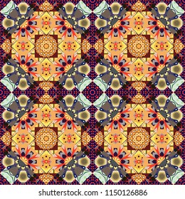 Geometrical simple vector art. Print card, cloth, shirts, dress, wrapper, cover. Random geometric shapes seamless pattern in orange, yellow and red colors. Creative, luxury style.