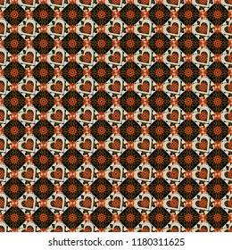 Geometrical simple vector art. Print card, cloth, shirts, dress, wrapper, cover. Random geometric shapes seamless pattern in orange, black and gray colors. Creative, luxury style.