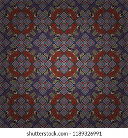 Geometrical simple vector art. Print card, cloth, shirts, dress, wrapper, cover. Creative, luxury style. Random geometric shapes seamless pattern in brown, gray and blue colors.