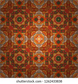 Geometrical simple vector art. Print card, cloth, shirts, dress, wrapper, cover. Random geometric shapes seamless pattern in orange, magenta and green colors. Creative, luxury style.