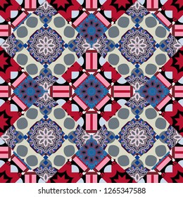 Geometrical simple vector art. Print card, cloth, shirts, dress, wrapper, cover. Creative, luxury style. Random geometric shapes seamless pattern in red, blue and gray colors.