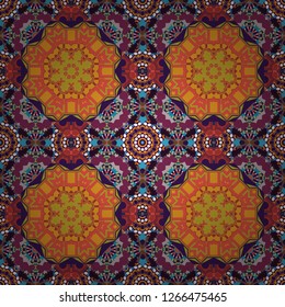 Geometrical simple vector art. Print card, cloth, shirts, dress, wrapper, cover. Random geometric shapes seamless pattern in purple, brown and orange colors. Creative, luxury style.