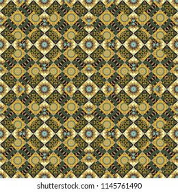Geometrical simple vector art. Random geometric shapes seamless pattern in brown, green and yellow colors. Creative, luxury style. Print card, cloth, shirts, dress, wrapper, cover.