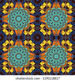 Geometrical simple vector art. Random geometric shapes seamless pattern in orange, blue and brown colors. Print card, cloth, shirts, dress, wrapper, cover. Creative, luxury style.