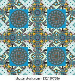 Geometrical simple vector art. Random geometric shapes seamless pattern in blue, brown and gray colors. Creative, luxury style. Print card, cloth, shirts, dress, wrapper, cover.