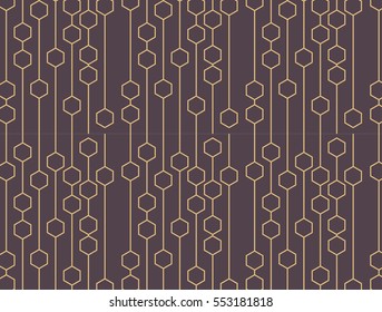 Geometrical simply pattern of yellow hexagons connected with lines on brown background