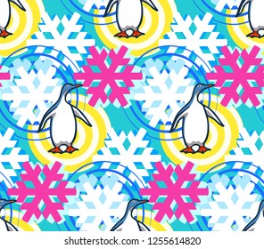 Geometrical snowflakes seamless pattern with penguin. Winter Christmas decorative background. Snow fall flakes illustration