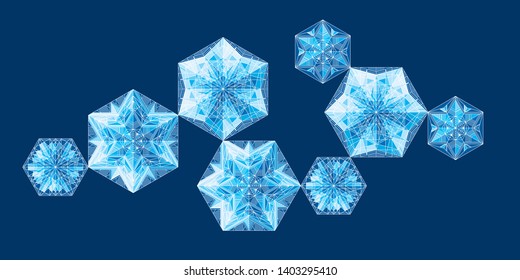 Geometrical snowflakes vector illustrations set. Ice, frost on blue background. Abstract Christmas tree baubles cliparts pack. Winter backdrop. Crystal snow, frozen stars with white lines ornament