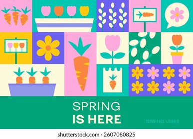 Geometrical Spring Flower Banner Concept. Vector Illustration of Seasonal Flower and Garden Background. Carrot and Tulip Season. Polygonal and Triangular.